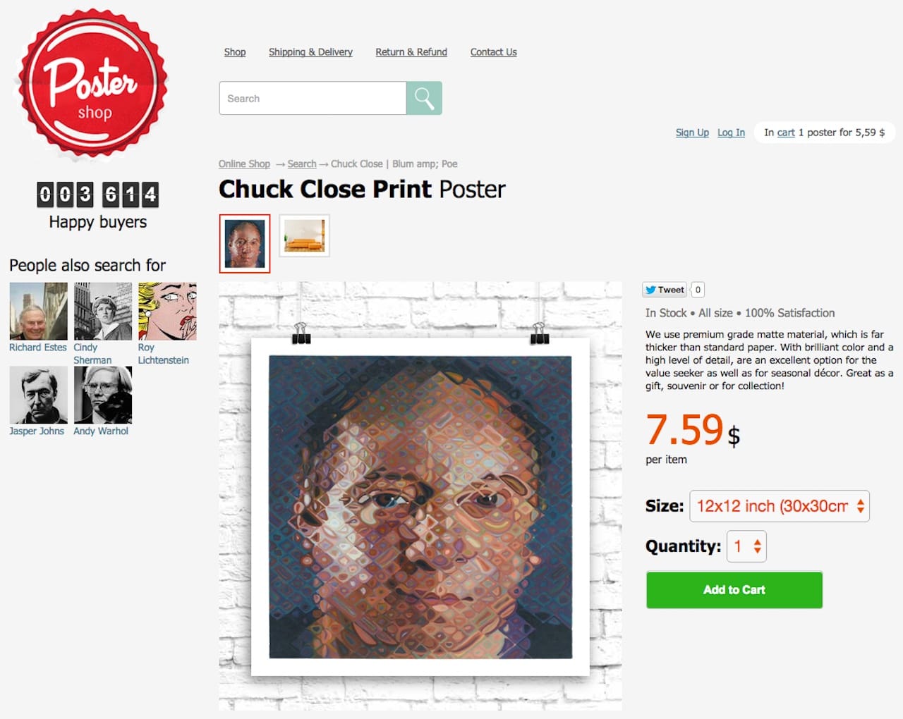 A painting by Chuck Close, taken from the Blum & Poe website and available for purchase on Wallpart.com (screenshot by the author)