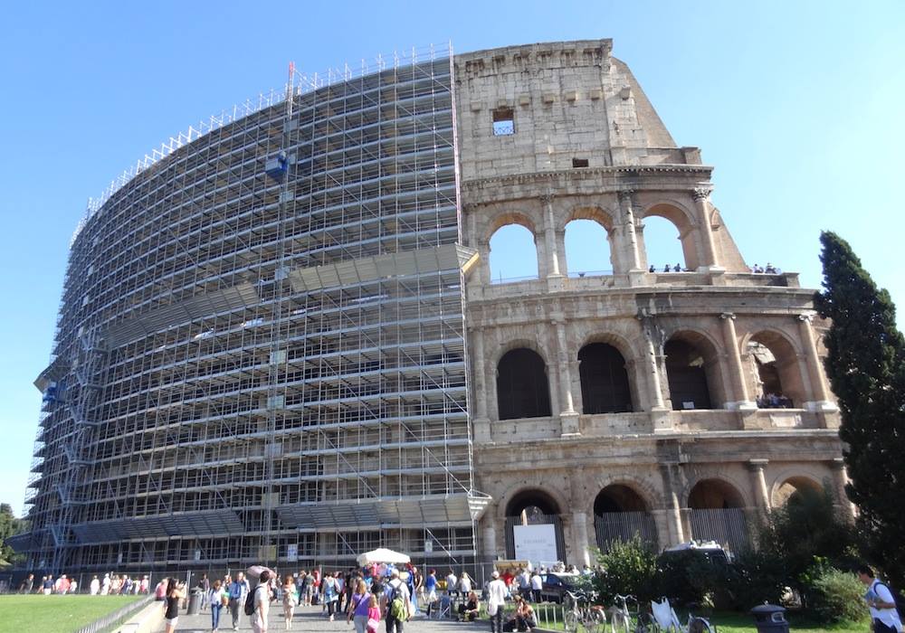 The Colosseum in Rome undergoing  renovations (photo by the author for Hyperallergic)