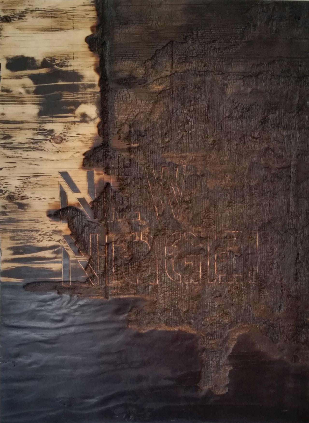 Cleveland Dean II: The Glorious Realization of Uncomfortable Power, 2015, acrylic on burned, distressed wood, 48" x 36"