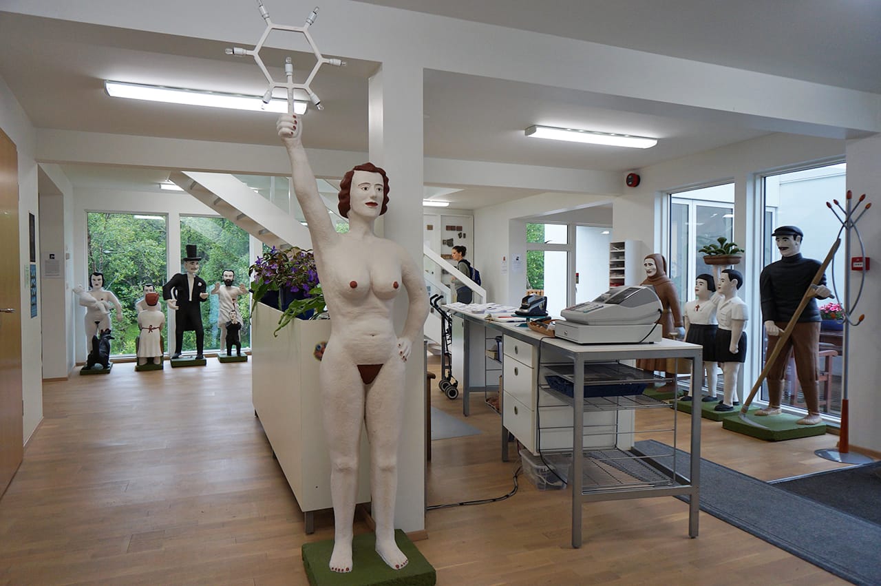 The museum's front desk, with sculptures by Bjarni Þórarinsson
