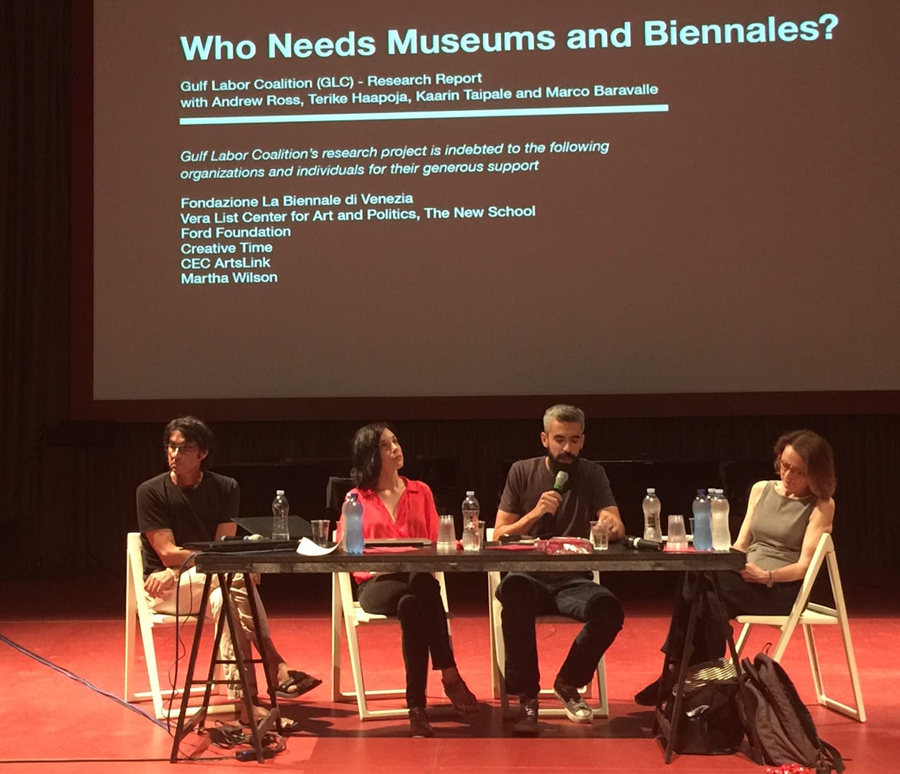 A view of the August 9 panel, where Andrew Ross (left) read the statement to those in attendance at the Giardini Pavilion of the 2015 Venice Biennale's All the World's Futures exhibition. (image courtesy MTL Collective)