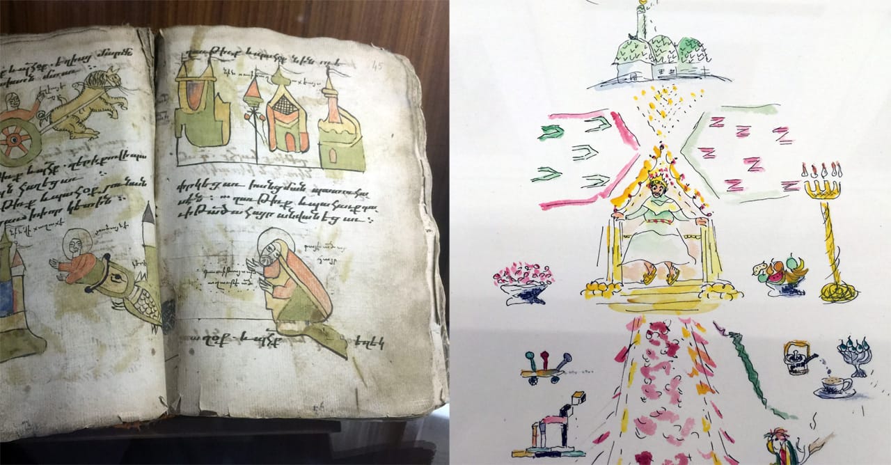 A 17th-century Armenian manuscript by Hakob Yerekts of Tiflis, left, at the San Lazzaro monastery, and on the right Sarkis and Yervant Gianikian and Angela Ricci Lucchi's "Rotolo Armeno" (2012) watercolor on paper scroll