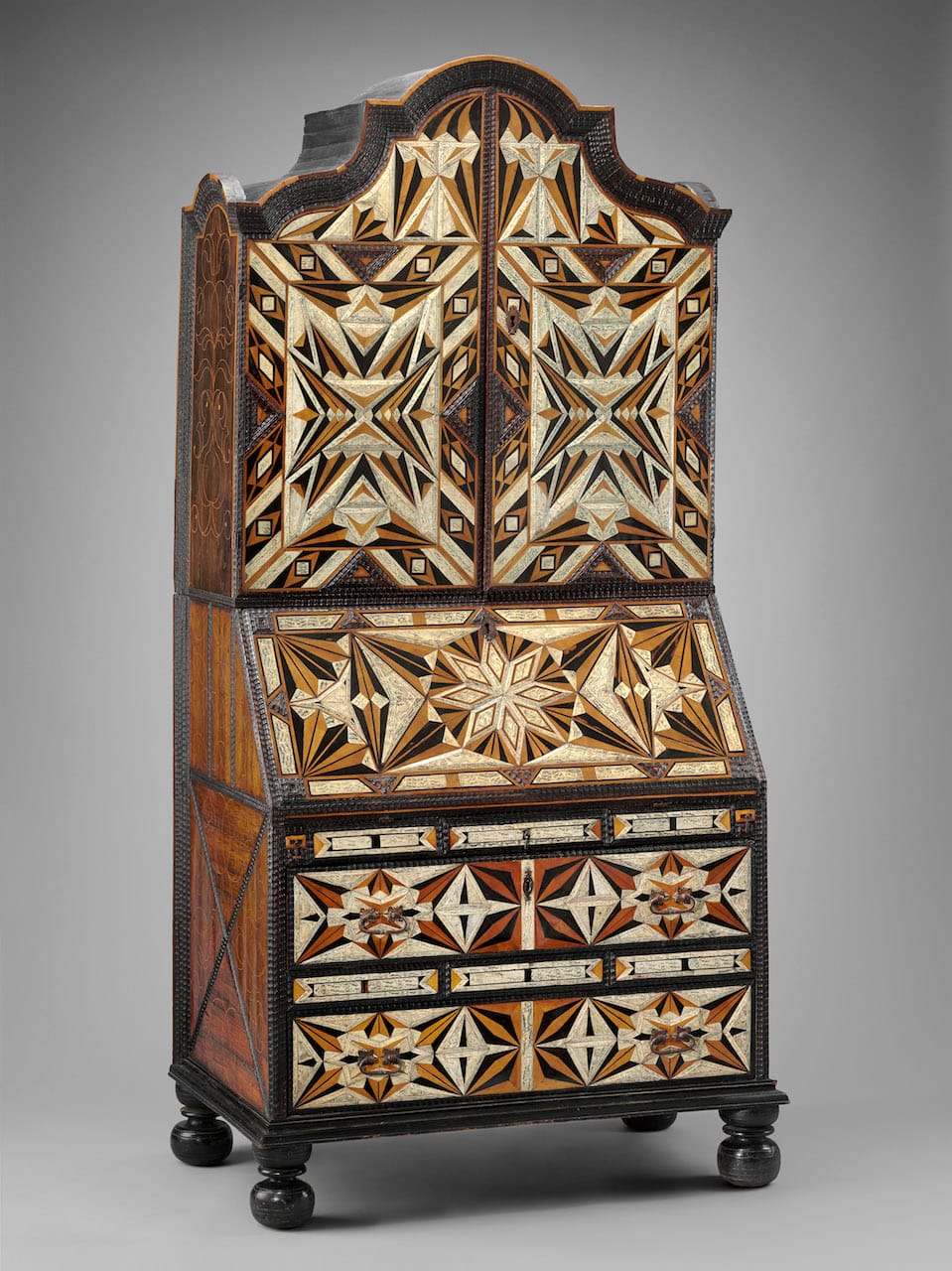 Desk and bookcase (mid-18th century), inlaid woods and incised and painted bone, maque, gold and polychrome paint, metal hardware (Ann and Gordon Getty Collection, courtesy, Museum of Fine Arts, Boston)