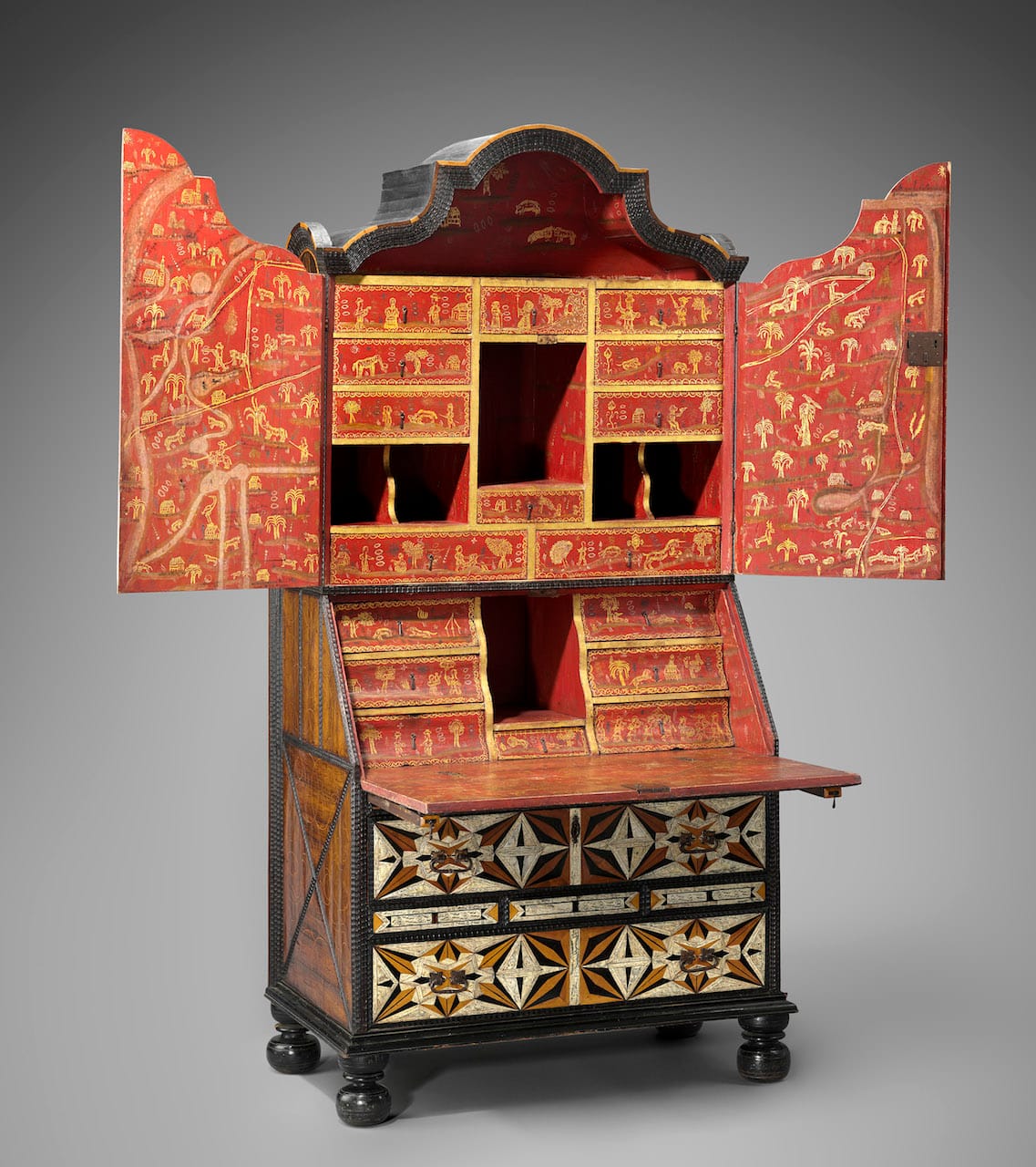 Desk and bookcase (mid-18th century), inlaid woods and incised and painted bone, maque, gold and polychrome paint, metal hardware (Ann and Gordon Getty Collection, courtesy, Museum of Fine Arts, Boston)