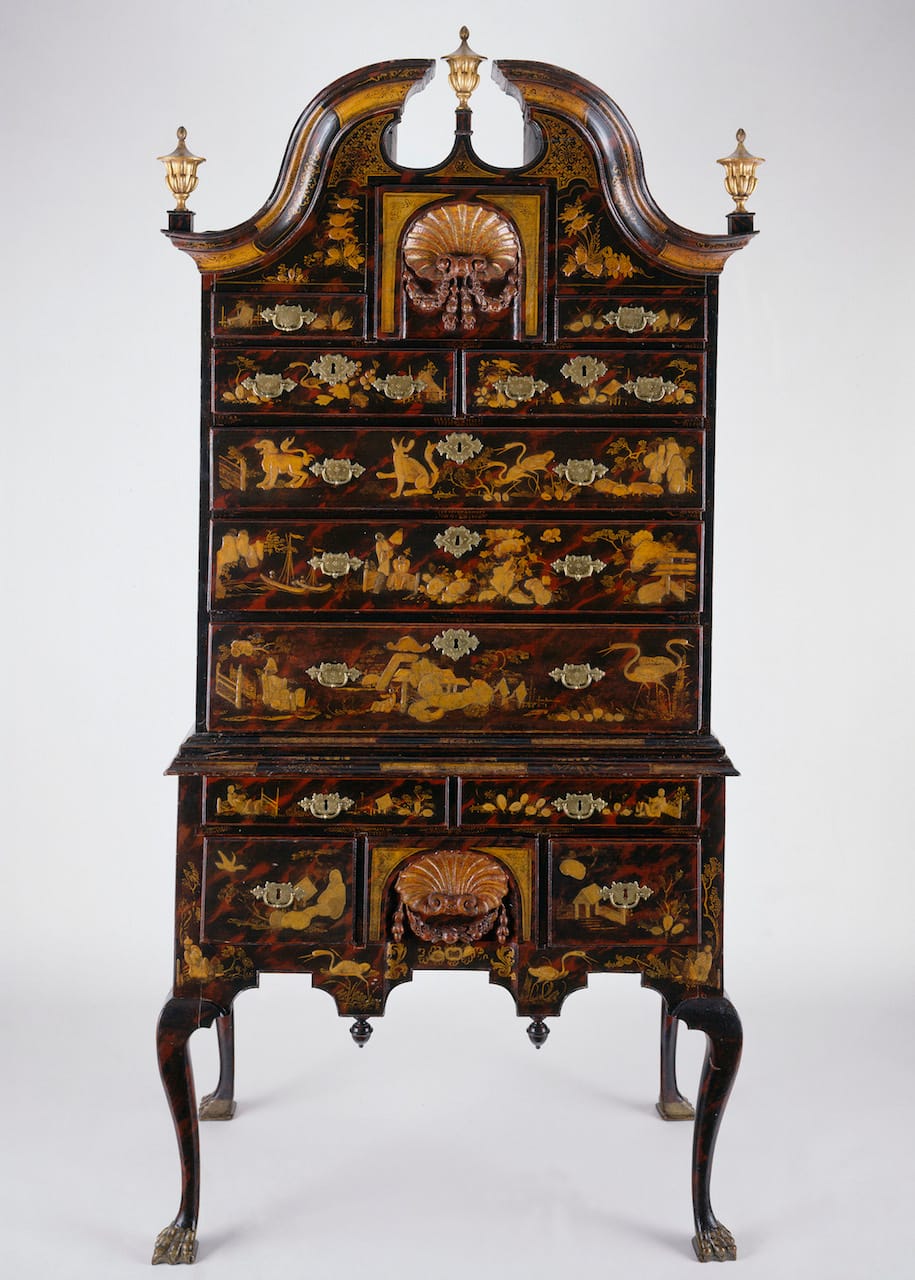 Japanned high chest by John Pimm (1730-1739), soft maple, black walnut, white pine, mahogany, brass (Winterthur Museum, Gift of Henry Francis du Pont, courtesy Museum of Fine Arts, Boston)