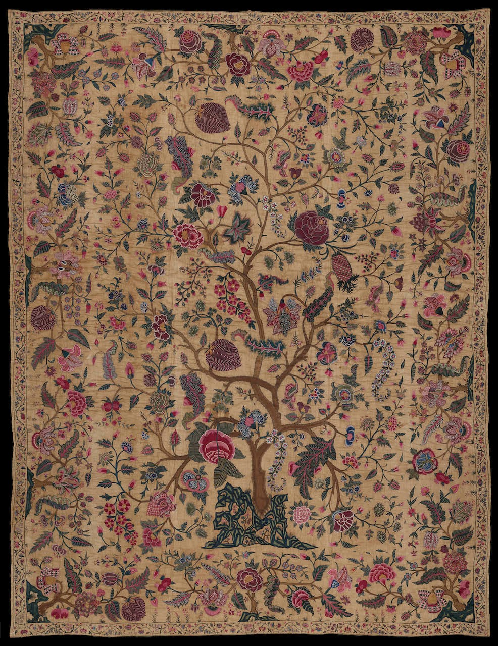 Bedspread (about 1700–50), cotton embroidered with silk (Gift of Mrs. Frank Clark, © Museum of Fine Arts, Boston)