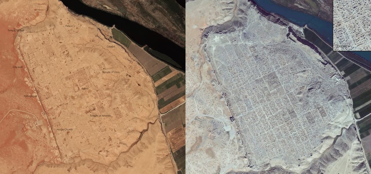 Satellite imagery of a 150-acre site in Syria dating to 300 B.C., in 2012 (left) and in 2014 when covered by looters' pits (right) (images via Department of State Bureau of Educational and Cultural Affairs)