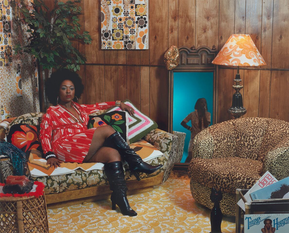Mickalene Thomas, "Sista Sista Lady Blue" (2007), chromogenic print, 40 3/8 x 48 1/2 in (102.55 x 123.19 cm), collection SFMOMA, gift of Campari USA (© Mickalene Thomas / Artists Rights Society [ARS], New York, photo by Katherine Du Tiel)