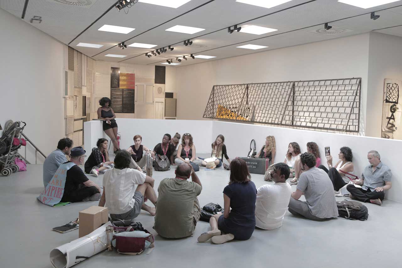 Members of G.U.L.F. occupying the second floor of the Israeli pavilion at the 2015 Venice Biennale (all photos courtesy G.U.L.F.)