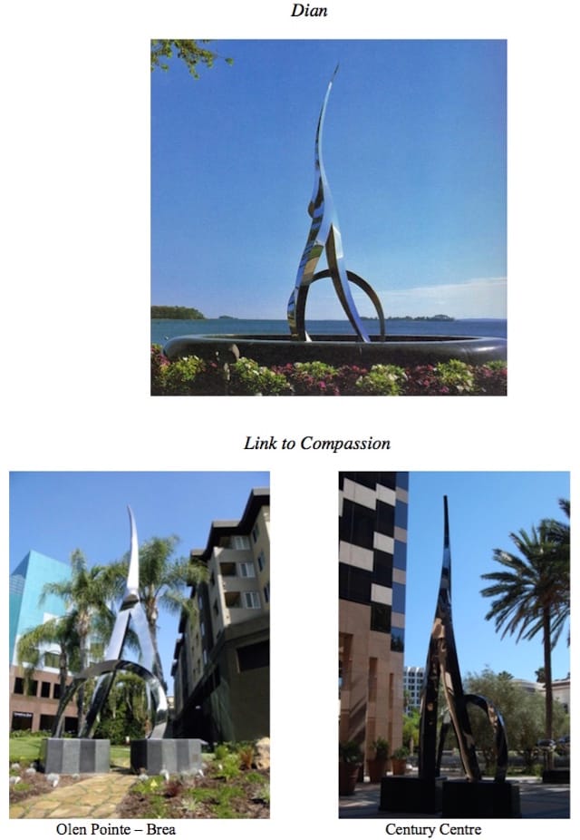 John Raimondi's "Dian" (1987) at top, and two unauthorized copies "Link to Compassion" at Olen Properties development sites. (illustration courtesy Herzog Crebs)