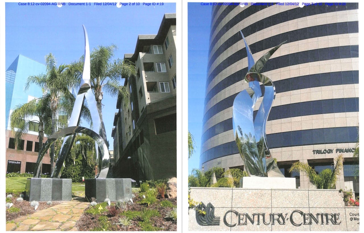 Unauthorized copies of John Raimondi's "Dian" (1987, left) and "Ceres" (1994, right) at Olen Properties developments (images legal documents, screenshot by the author)