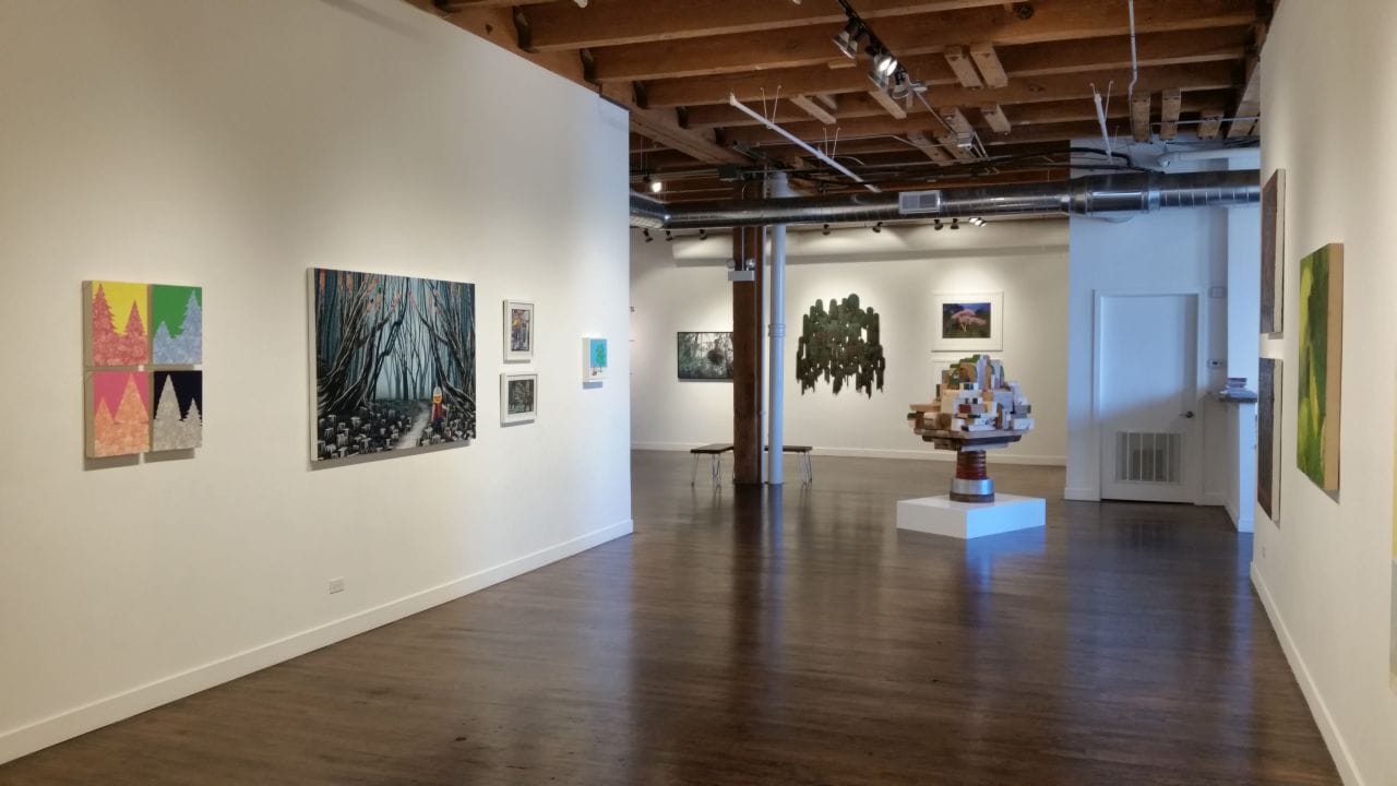 Roots installation view - with (from left) Chris Uphues painting, Nicole Gordon painting, two sculptures by Emmett Kerrigan