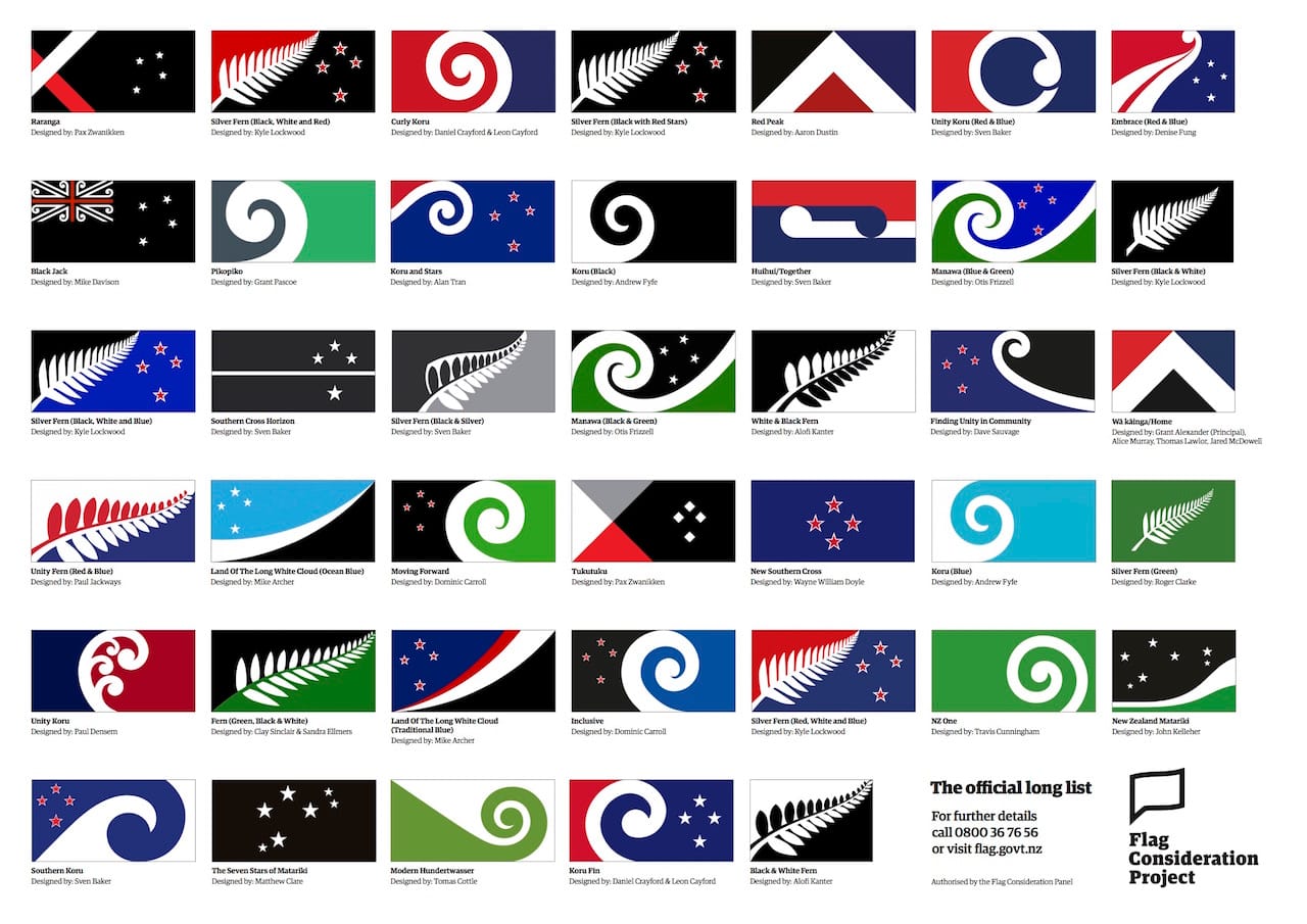 The long list of 40 designs, submitted as alternatives to New Zealand's current national flag (all images via www.govt.nz)