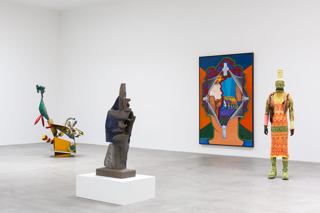 Installation view 'What Nerve!' at 522 West 22nd Street; left to right: Robert Hudson, "Diamond Back" (c. 1964), Peter Voulkos, "Blue and Gray" (1959), Art Green, "Disclosing Enclosure" (1968), and Forcefield, "P Lobe Shroud" (2000) (image courtesy Matthew Marks Gallery)