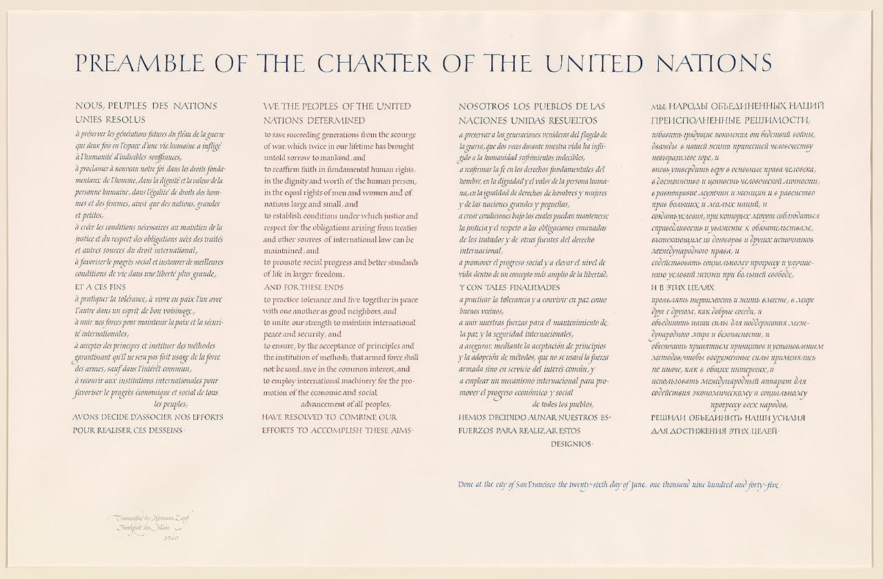 Hermann Zapf, Calligraphic manuscript of the Preamble of the Charter of the United Nations in French,​ ​English, Spanish, and Russian, Signed and dated Frankfurt am Main, 1960 (courtesy the​ ​Morgan Library & Museum) (click to enlarge)