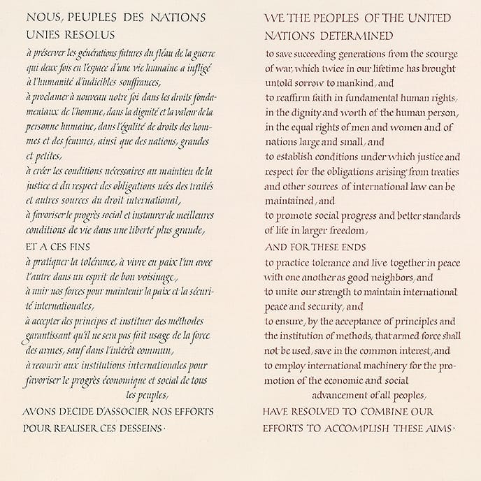 Hermann Zapf, Detail of the calligraphic manuscript of the Preamble of the Charter of the United Nations in French,​ ​English, Spanish, and Russian, Signed and dated Frankfurt am Main, 1960 (courtesy the​ ​Morgan Library & Museum)