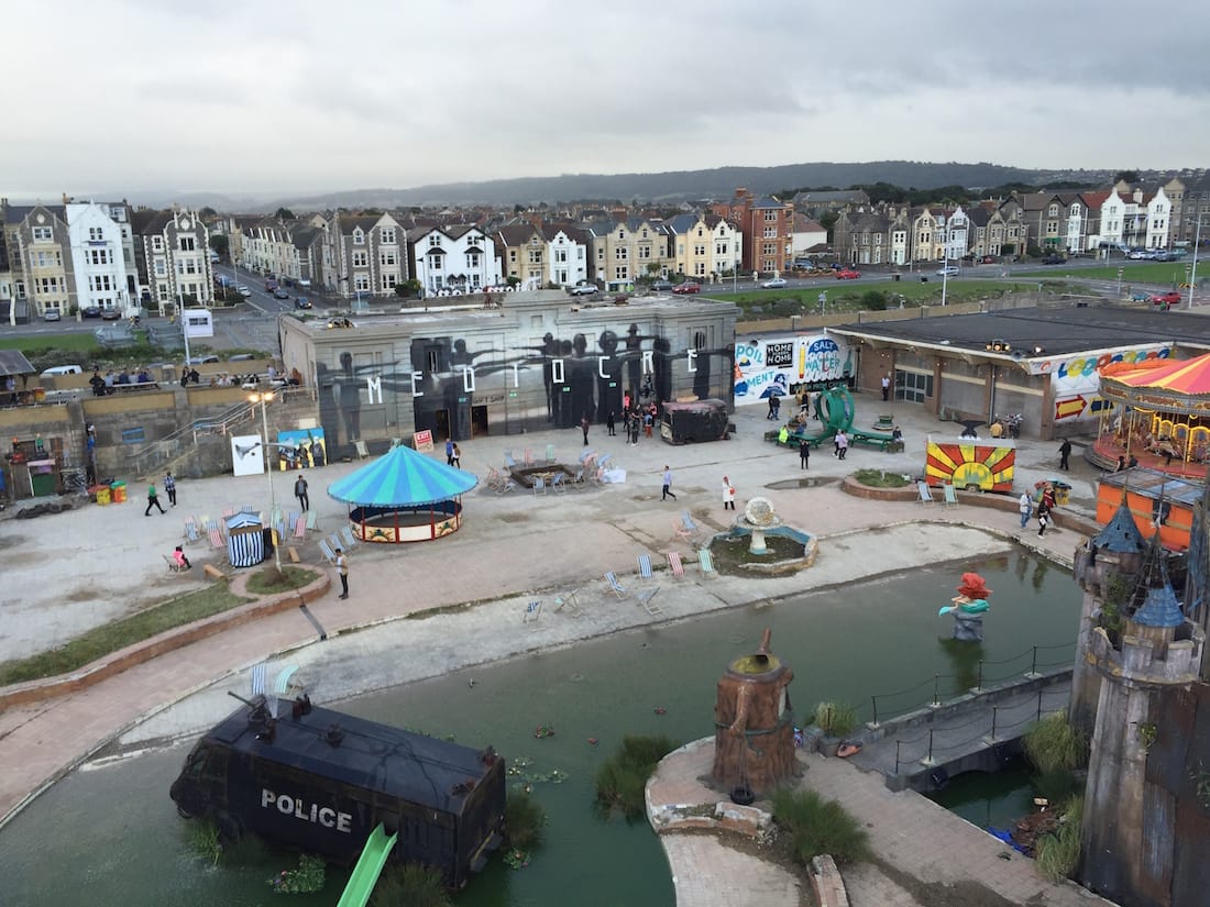 Dismaland as seen from the top of the Ferris Wheel (all photos by the author for Hyperallergic)