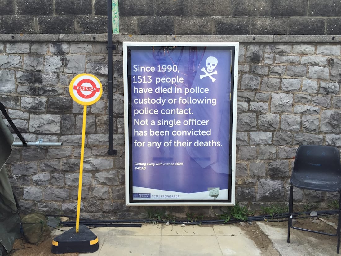 I was told that this sign at STRIKE! Magazine's tent make things a bit awkward when police came to inspect Dismaland and certify it for occupancy. 