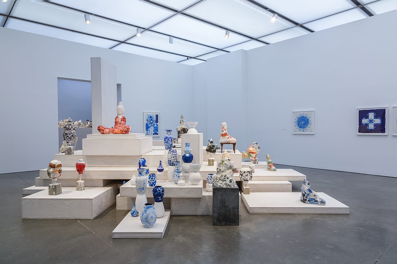 Installation view of gallery with Arlene Shechet's abacá prints, the installation “Once Removed” (1998), and various other sculptures, at the Institute of Contemporary Art, Boston (photo @John Kennard)