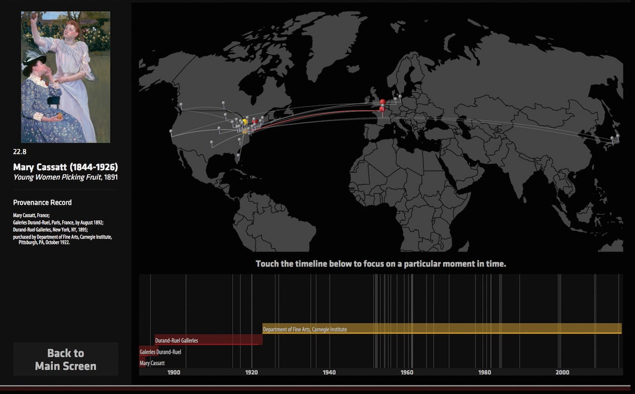 Screenshot from an in-gallery Art Tracks pilot, showing a timeline and location for an individual artwork (courtesy Carnegie Museum of Art)