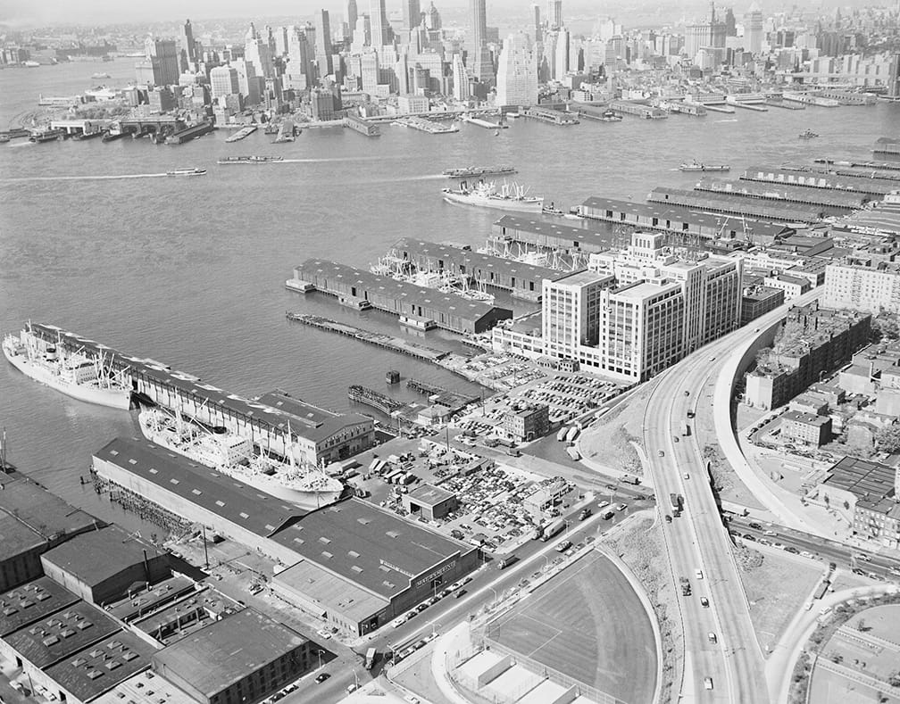 Aerial view taken above Atlantic Avenue and the Brooklyn-Queens Expressway. 1 Brooklyn Bridge Park was once home to the New York Dock Company. (September 19, 1956) (photo by Theodore V. Donaldson)