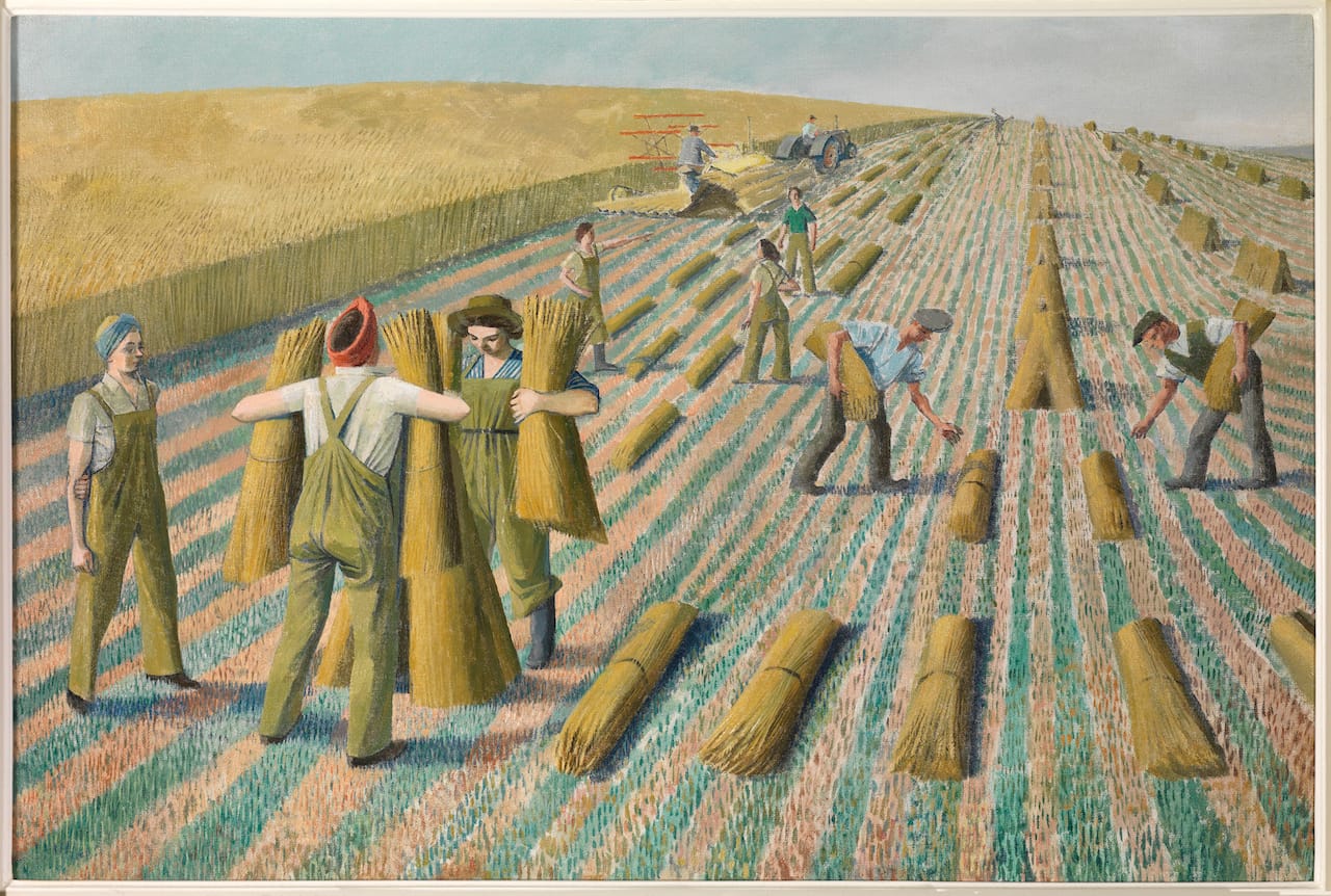Evelyn Dunbar, "Men Stooking and Girls Learning to Stook" (1940), oil on canvas, (courtesy private collection, © The Artist's Estate/Christopher Campbell-Howes)