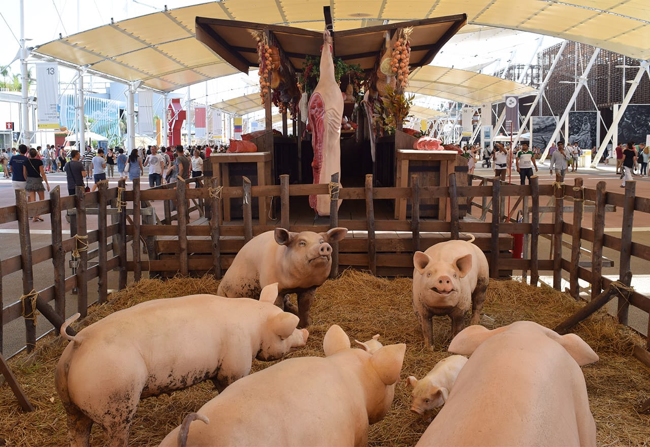 A display of fake pigs and fake meat products in the center of the main thoroughfare of Expo Milano