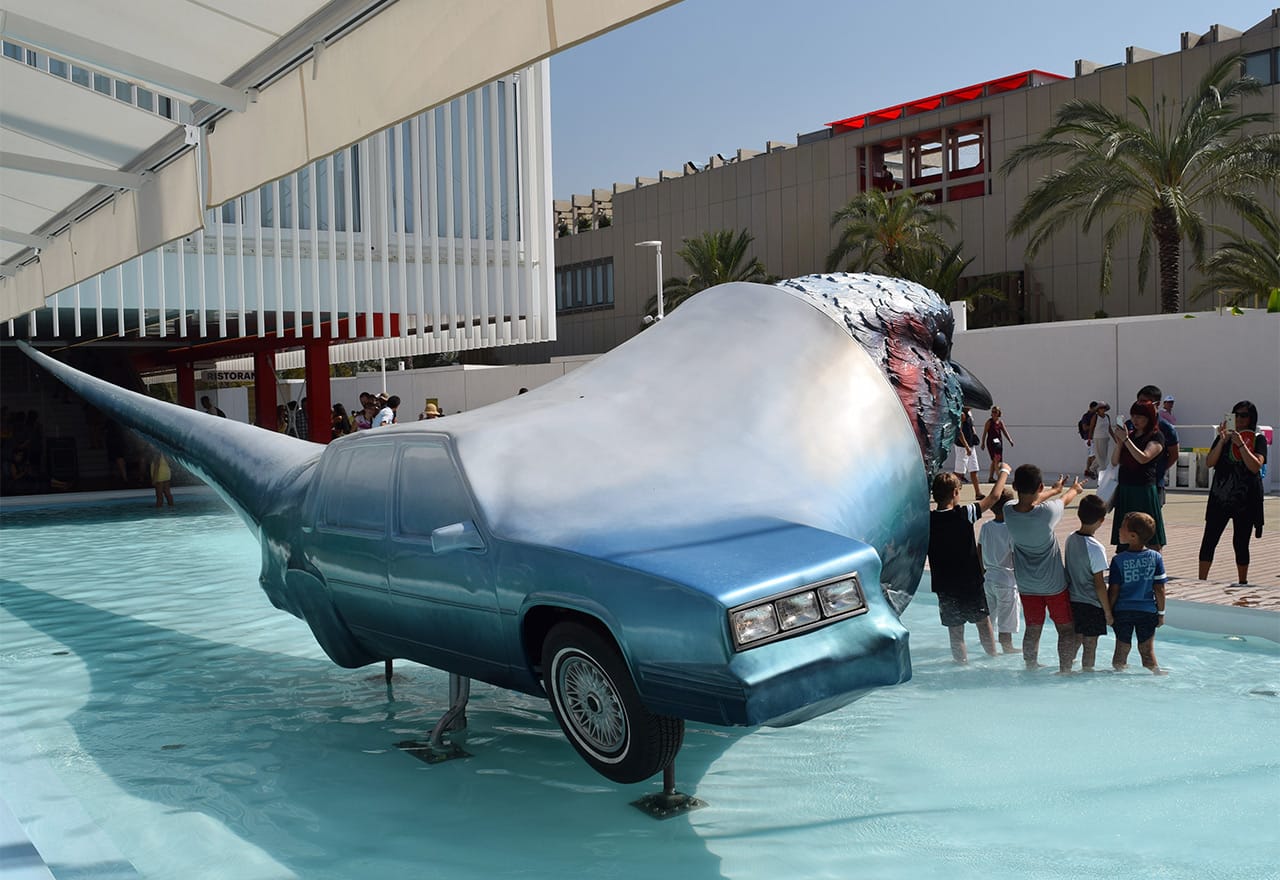 A sculpture by Lukáš Rittstein in front of the Czech pavilion