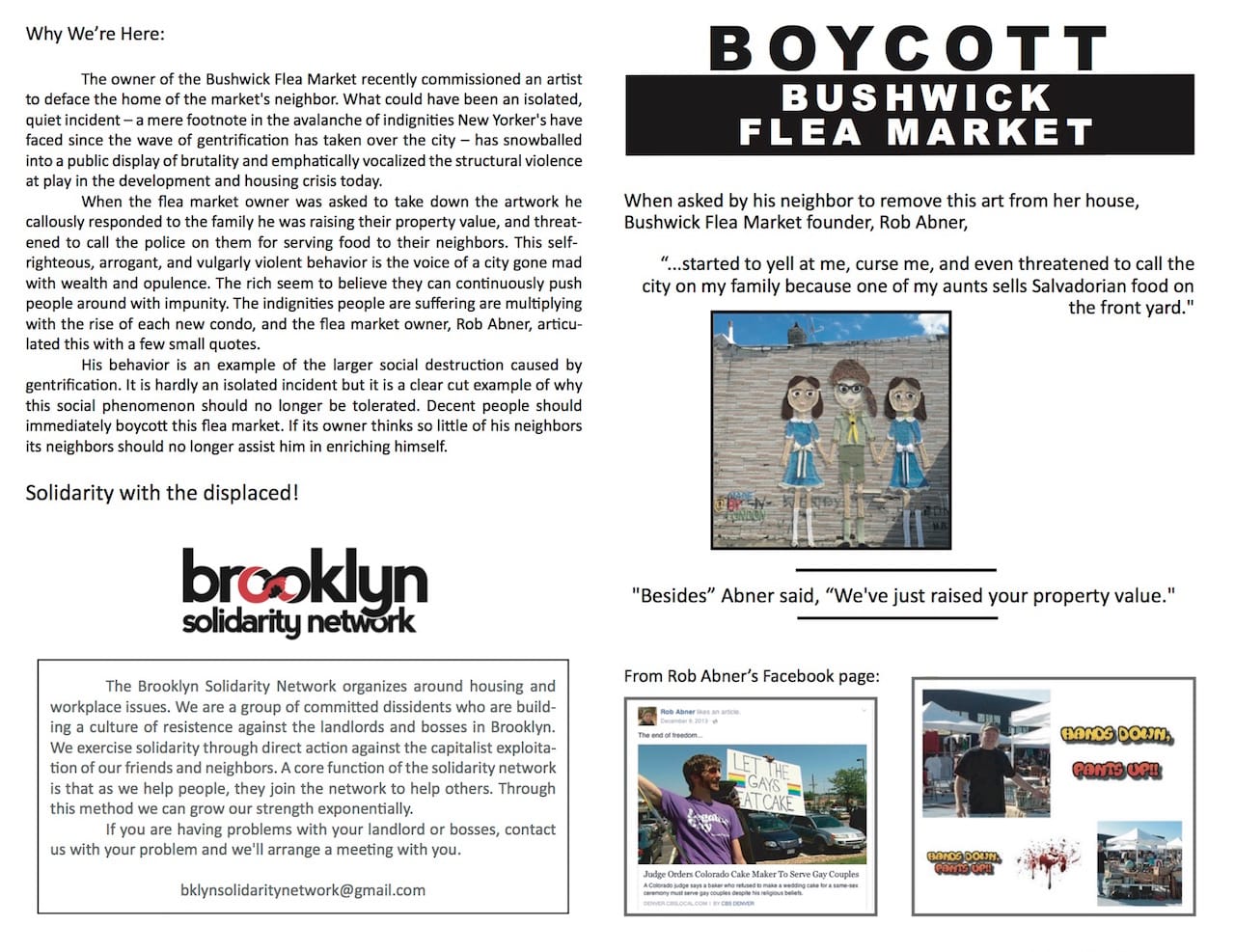 The flyer protestors handed out on Saturday calling for a boycott of the Bushwick Flea (courtesy Brooklyn Solidarity Network) (click to enlarge)