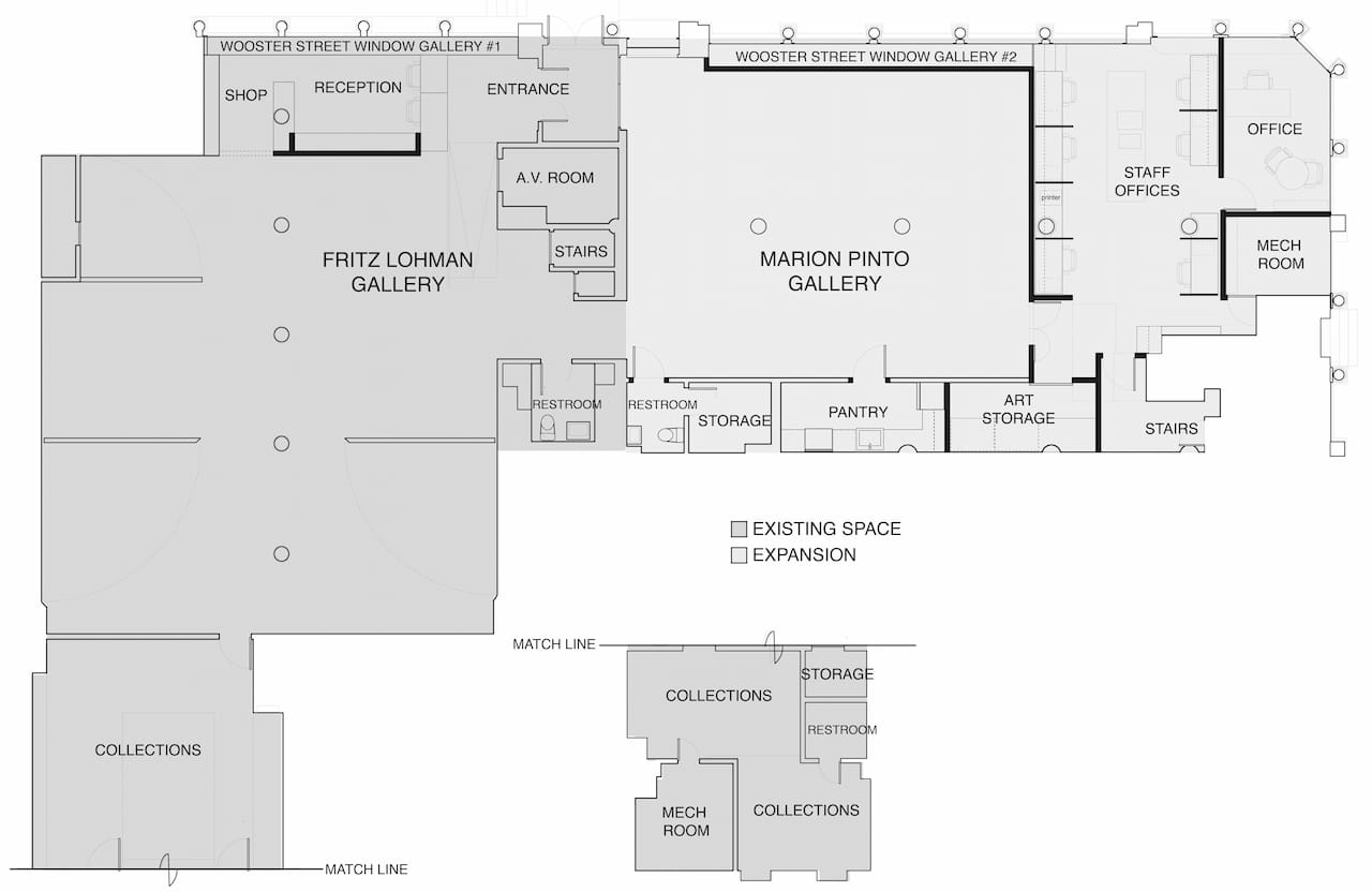 Floor plan showing the existing gallery space and the expansion (all images courtesy Leslie-Lohman Museum of Gay and Lesbian Art)