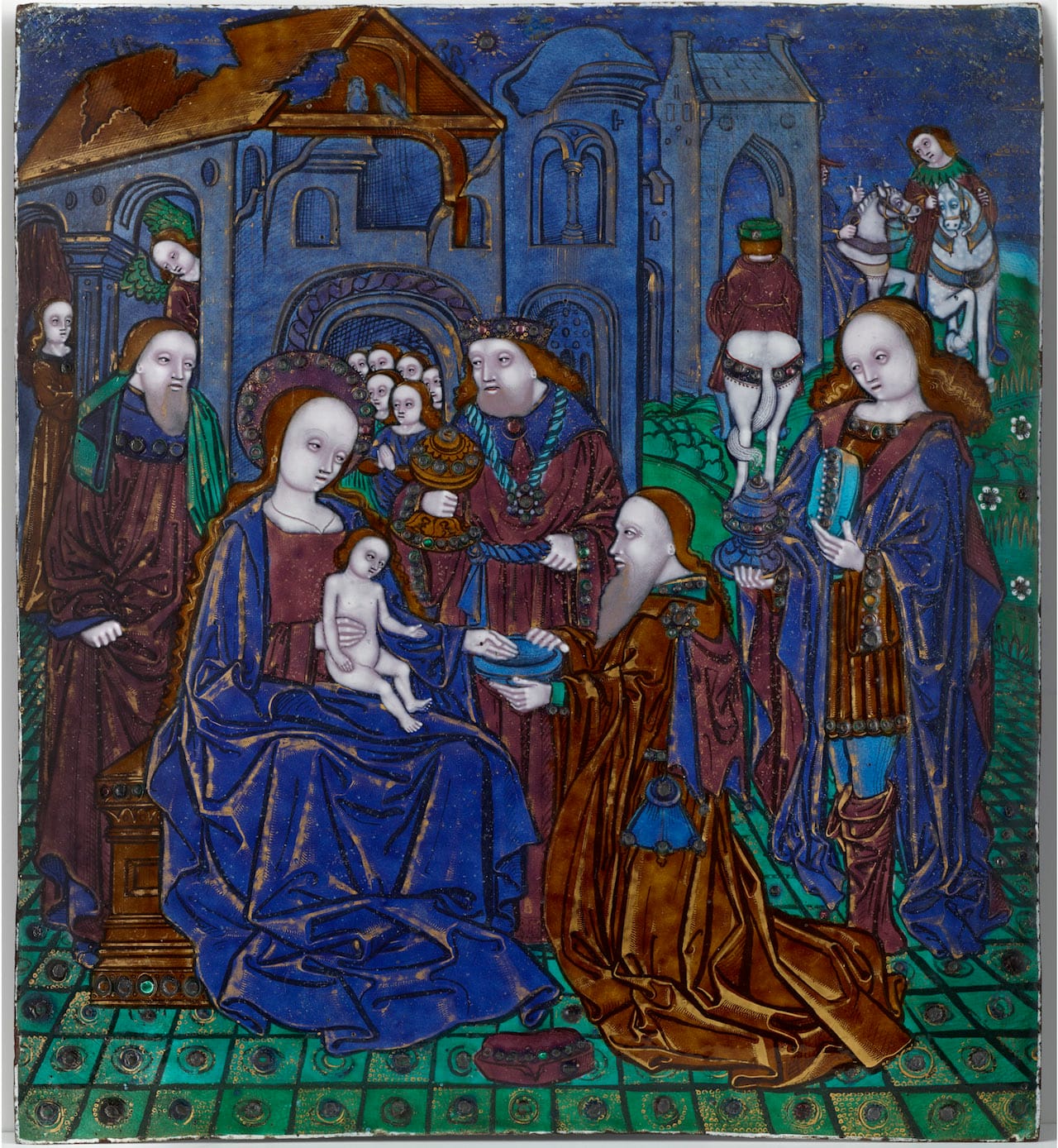 Workshop of the Master of the Large Foreheads, "The Adoration of the Magi" (ca. 1510), enamel on copper, 10 ¼ × 9 1/8 inches (courtesy The Frick Collection, photo by Michael Bodycomb)
