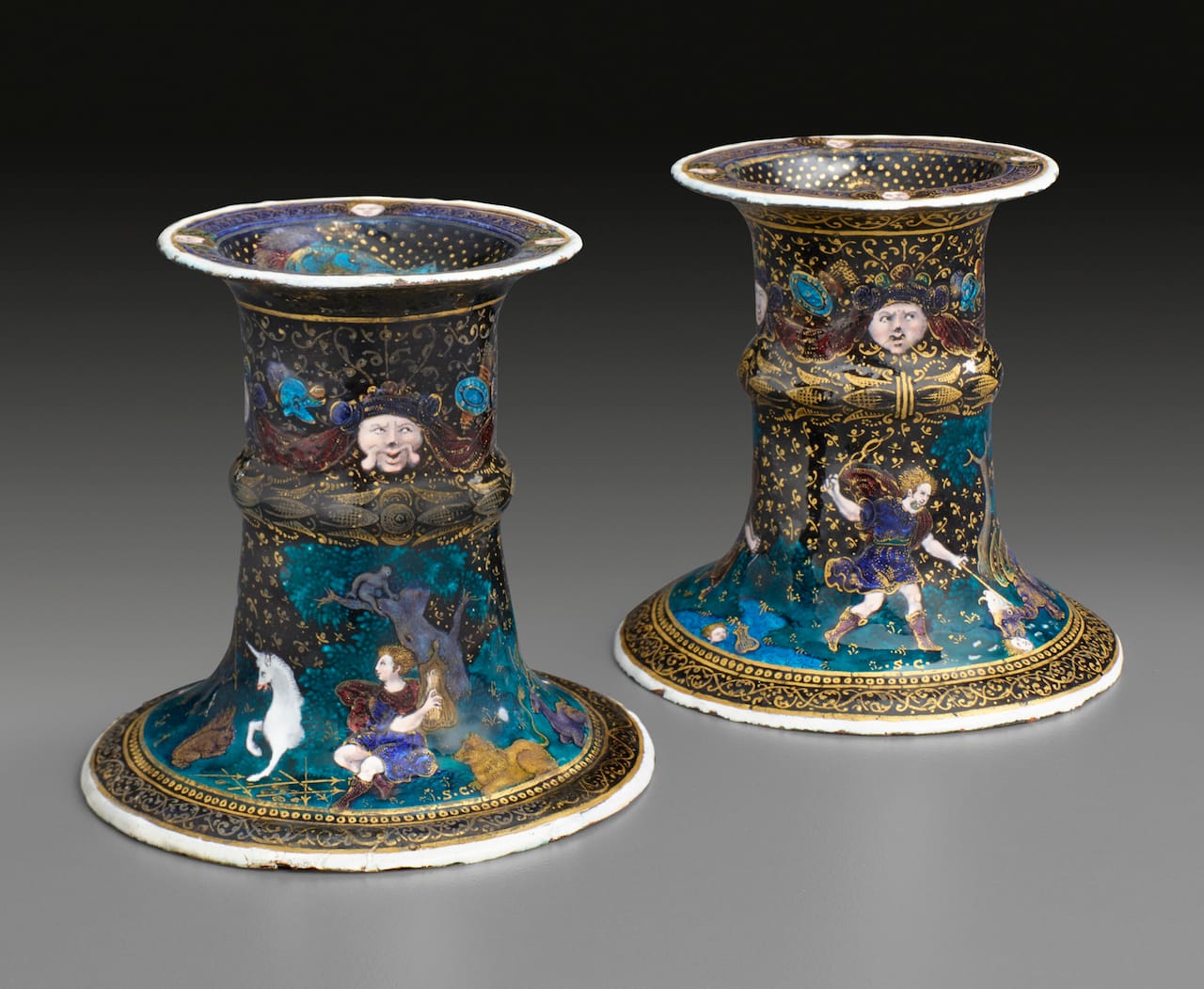 Suzanne de Court, "Pair of Saltcellars: Scenes from the Story of Orpheus" (late 16th or early 17th century), enamel on copper. Height: 3 1/2inches; Diameter: 3 9/16 inches. (courtesy The Frick Collection, photo by Michael Bodycomb)