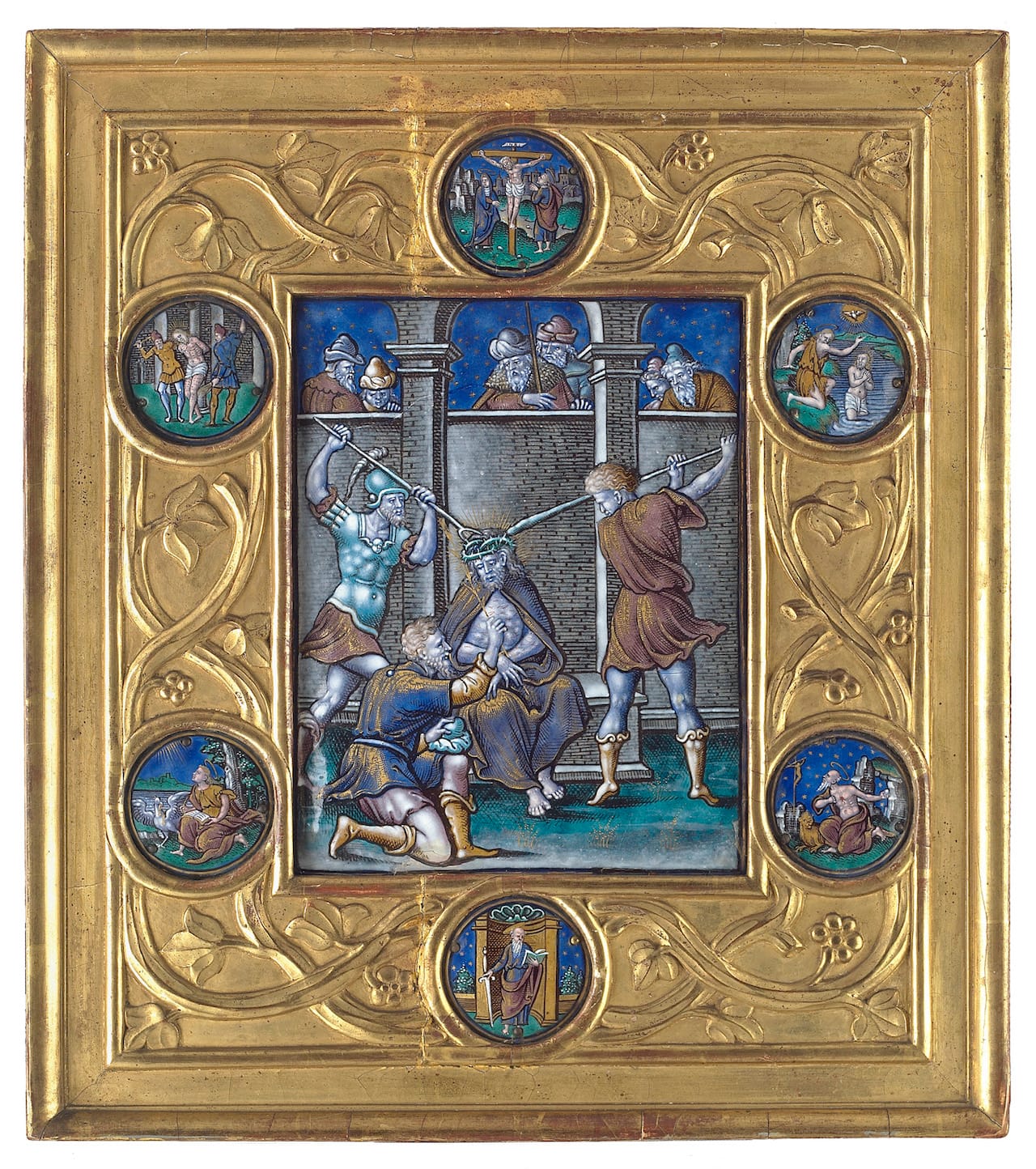 Workshop of Pierre Reymond, "Christ Crowned with Thorns" (mid- to late 16th century), enamel on copper. Plaque: 8 x 6 1/4 inches. Roundels: diameter of 2 1/16 inches. (courtesy The Frick Collection, photo by Michael Bodycomb)