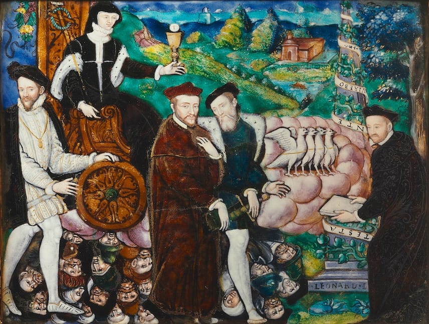 Léonard Limousin, "Plaque: Triumph of the Eucharist and of the Catholic Faith" (1561), enamel on copper, 7 9/16 inches x 9 7/8 inches