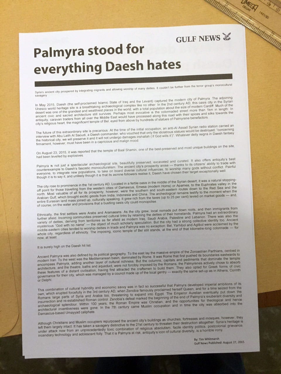 The Gulf News article on display in the gallery.