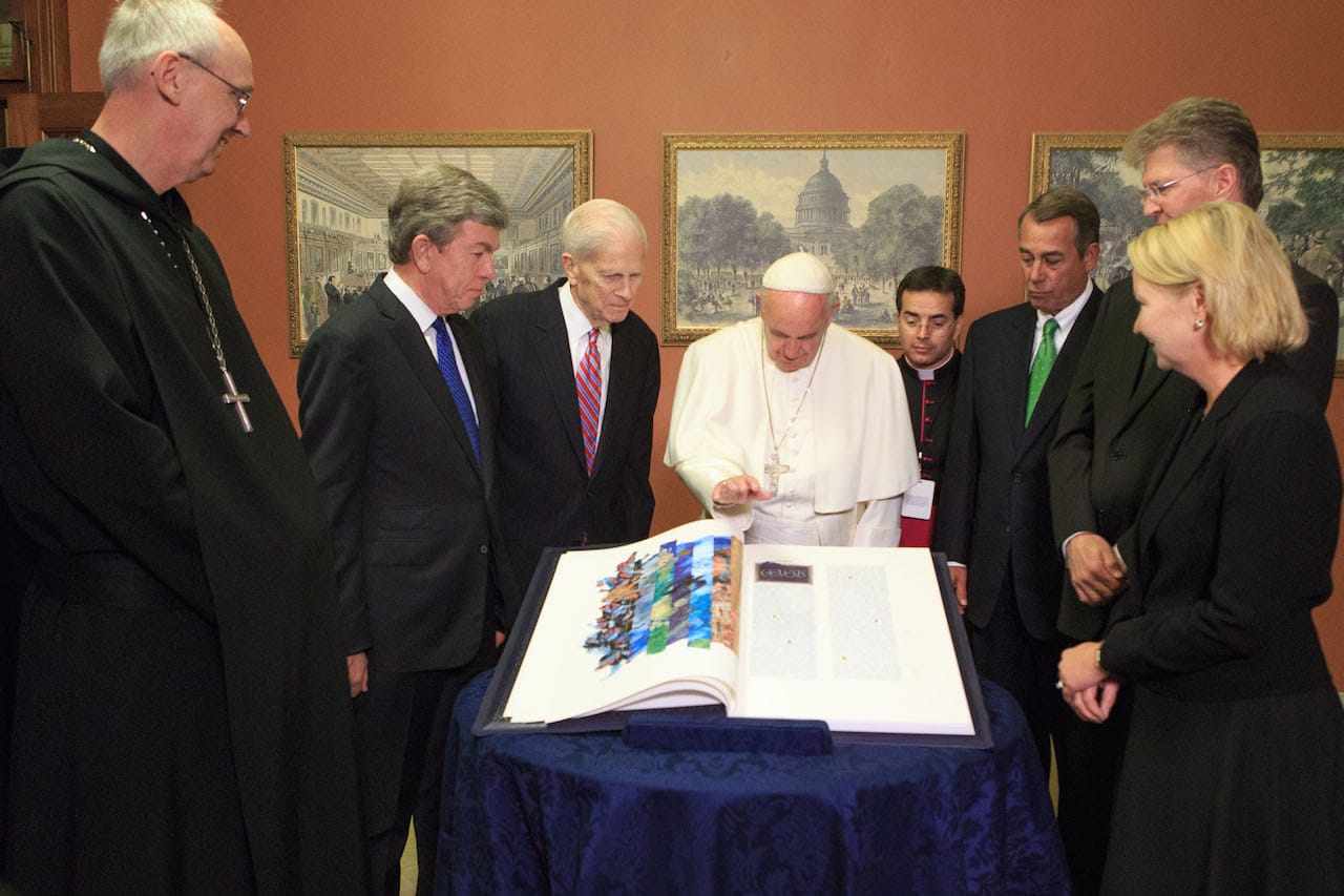 The Pope blesses the Apostles Edition of The Saint John’s Bible. On left, Abbot John Klassen, Sen. Blunt and Dr. Billington; on right, Monsignor Mark Miles, Speaker Boehner, SJU President Michael Hemesath and GHR Foundation CEO Amy Goldman. (photo by Heather Reed, Office of the Speaker)
