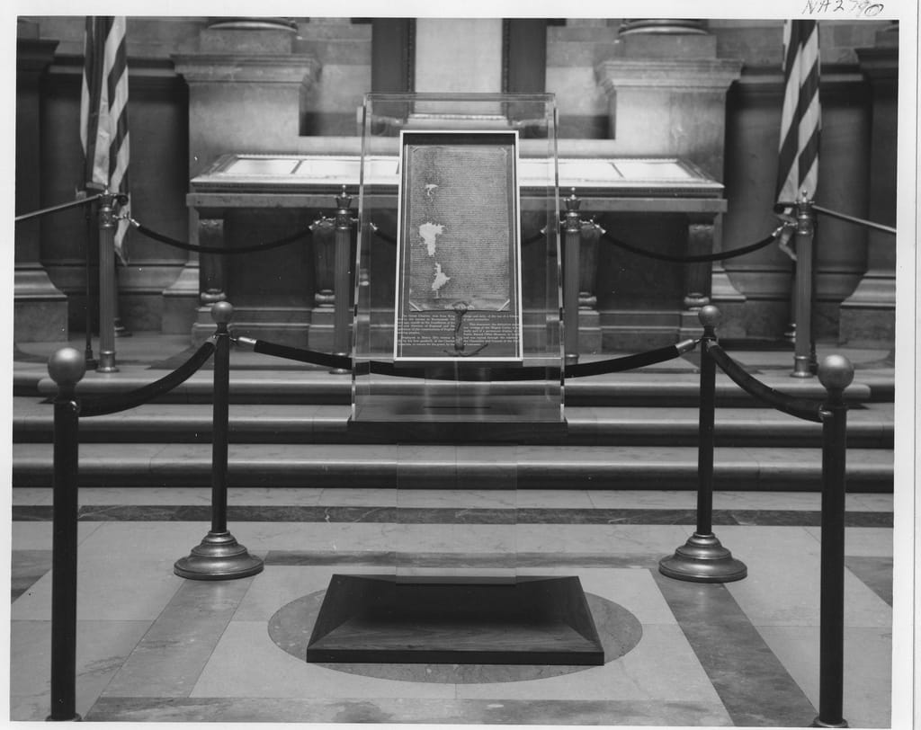 The 1225 reissue of the Magna Carta, on view in the U.S. National Archives Rotunda in 1965 (via U.S. National Archives/Flickr)