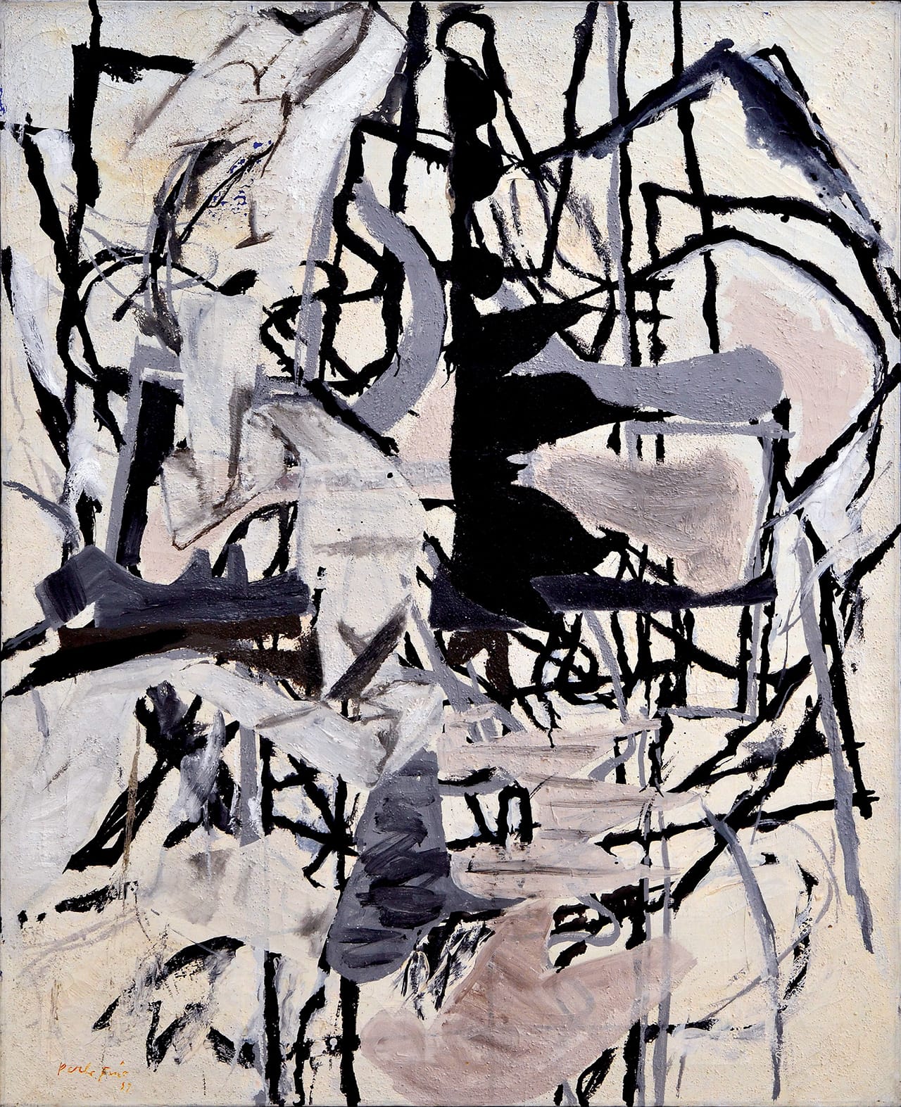 Perle Fine, "Early Morning Garden" (1957), oil paint and collage on canvas, 44 x 36 in, Collection Art Enterprises, Ltd, Chicago (image courtesy McCormick Gallery, Chicago, © AE Artworks, LLC)