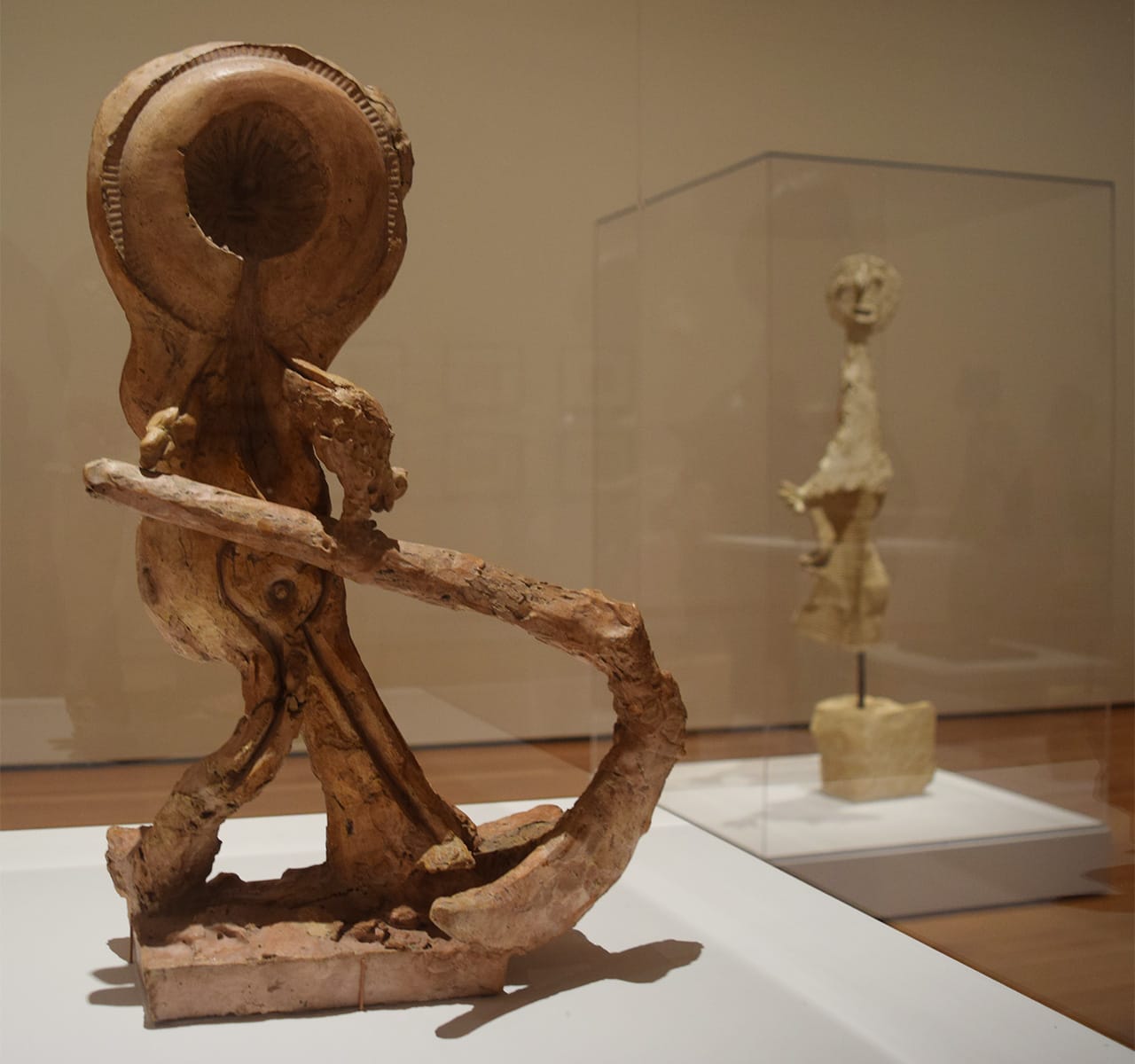 Installation view of 'Picasso Sculpture' at the Museum of Modern Art with Pablo Picasso's "The Reaper" (ca. 1934) at left and "The Orator" (1933–34) at right