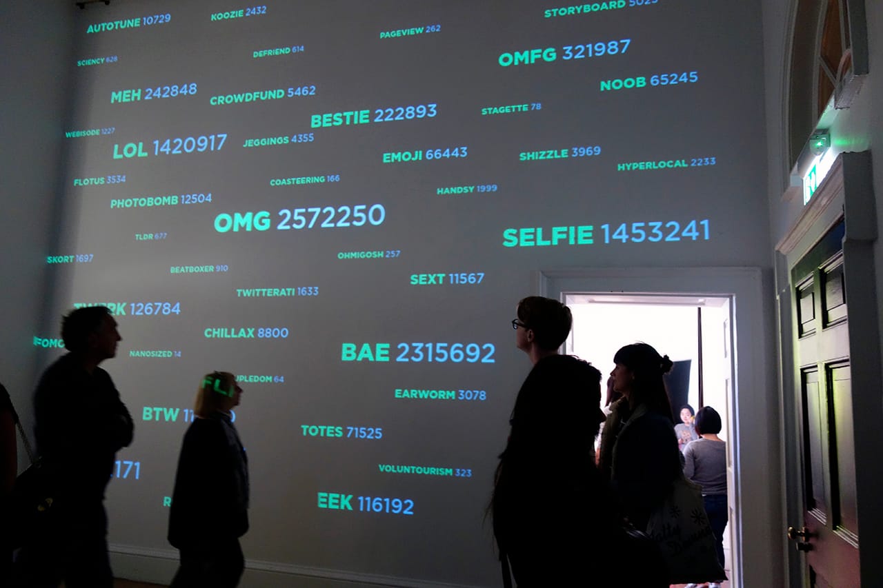 #WordWatching by Mark Carroll and Alex Willimott, showing the trending words on Twitter, on view at '#PoweredByTweets: The Challenge' in the London Design Festival (all photos by the author for Hyperallergic)