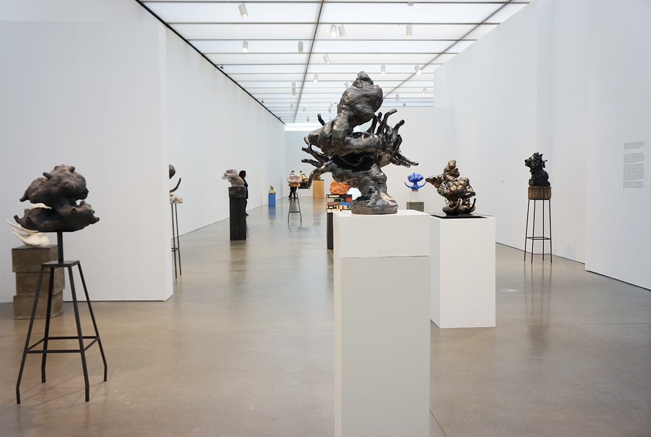 Installation view of the main gallery of 'Arlene Shechet: All at Once' at the Institute of Contemporary Art, Boston