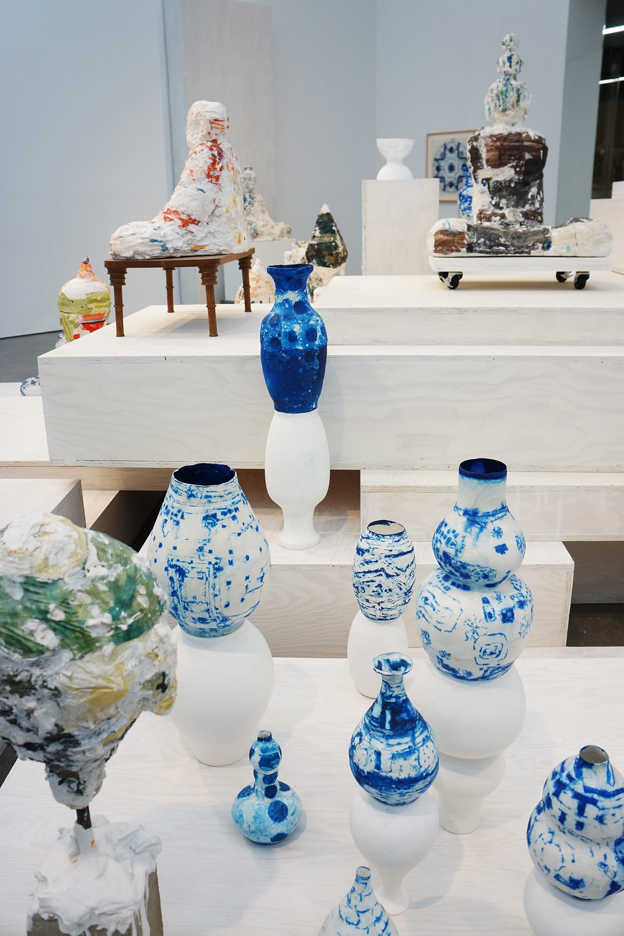 Close-up on Arlene Shechet's “Once Removed” (1998), with other sculptures and abacá prints in the background (click to enlarge)