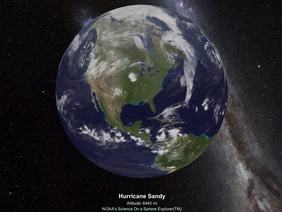 Hurricane Sandy forming in 2012, as visualized in NOAA's SOS Explorer (all screenshots by the author for Hyperallergic)