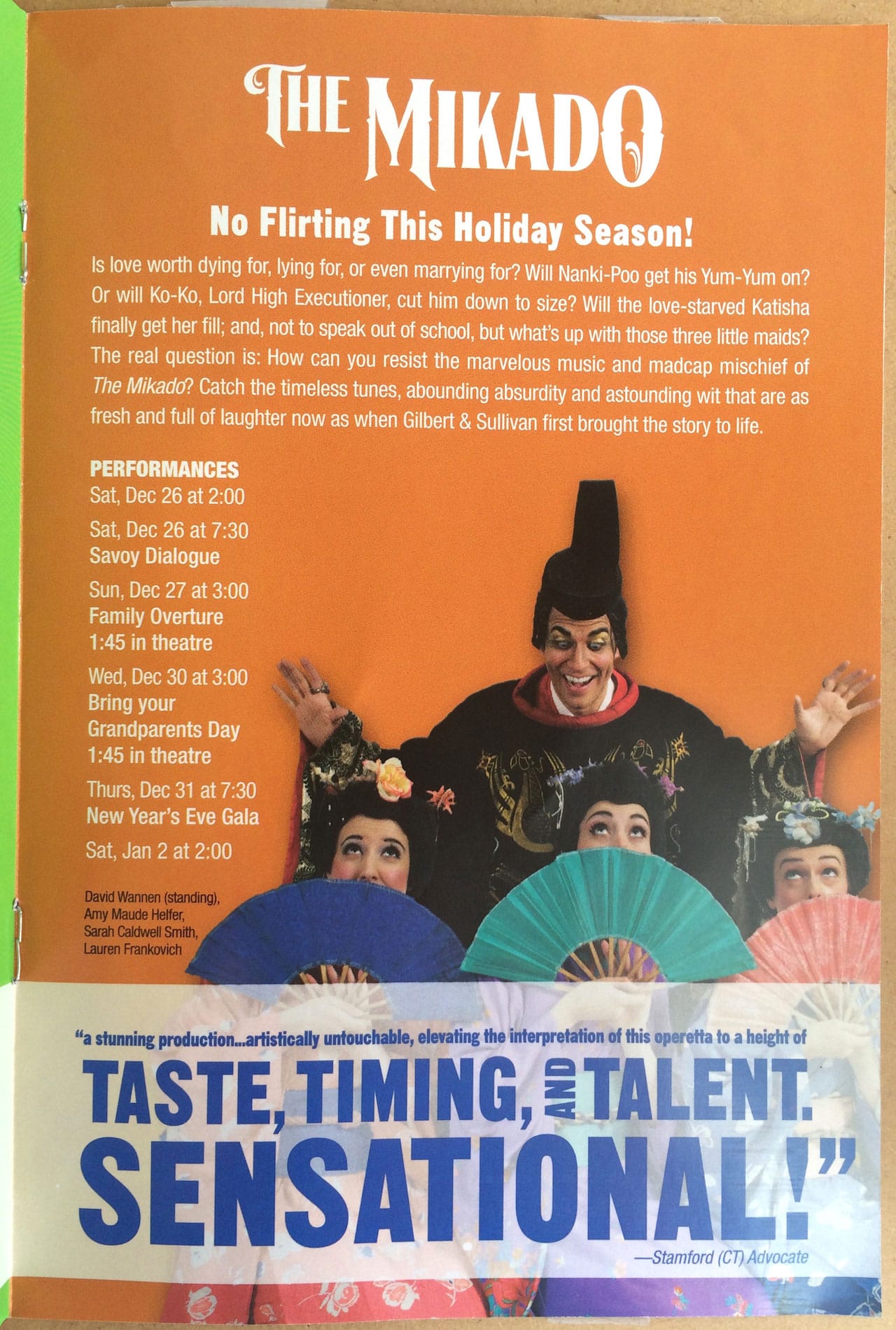 A page from the flyer for New York Gilbert and Sullivan Players' 2015–16 season advertising 'The Mikado' (photo by Benjamin Sutton for Hyperallergic)