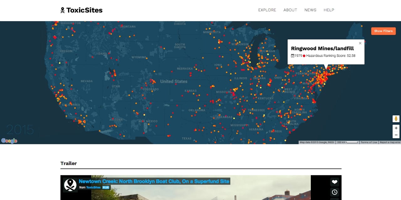 Map of Superfund sites on Toxic Sites US (screenshot for Hyperallergic)