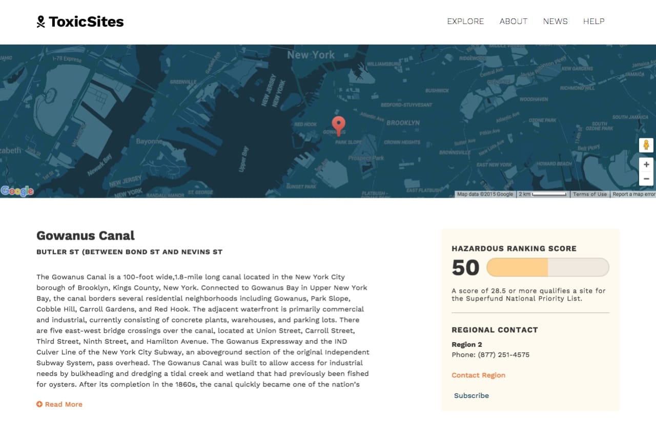 Profile of the Gowanus Canal on Toxic Sites US (screenshot for Hyperallergic)