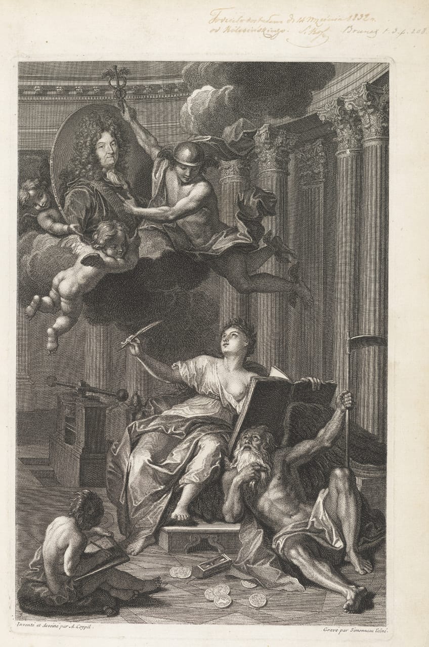 Frontspiece for 'Medallic History of Louis the Great' (1723), showing Father Time defeated by the medallic history of Louis XIV, which will last forever (© The Trustees of the British Museum)