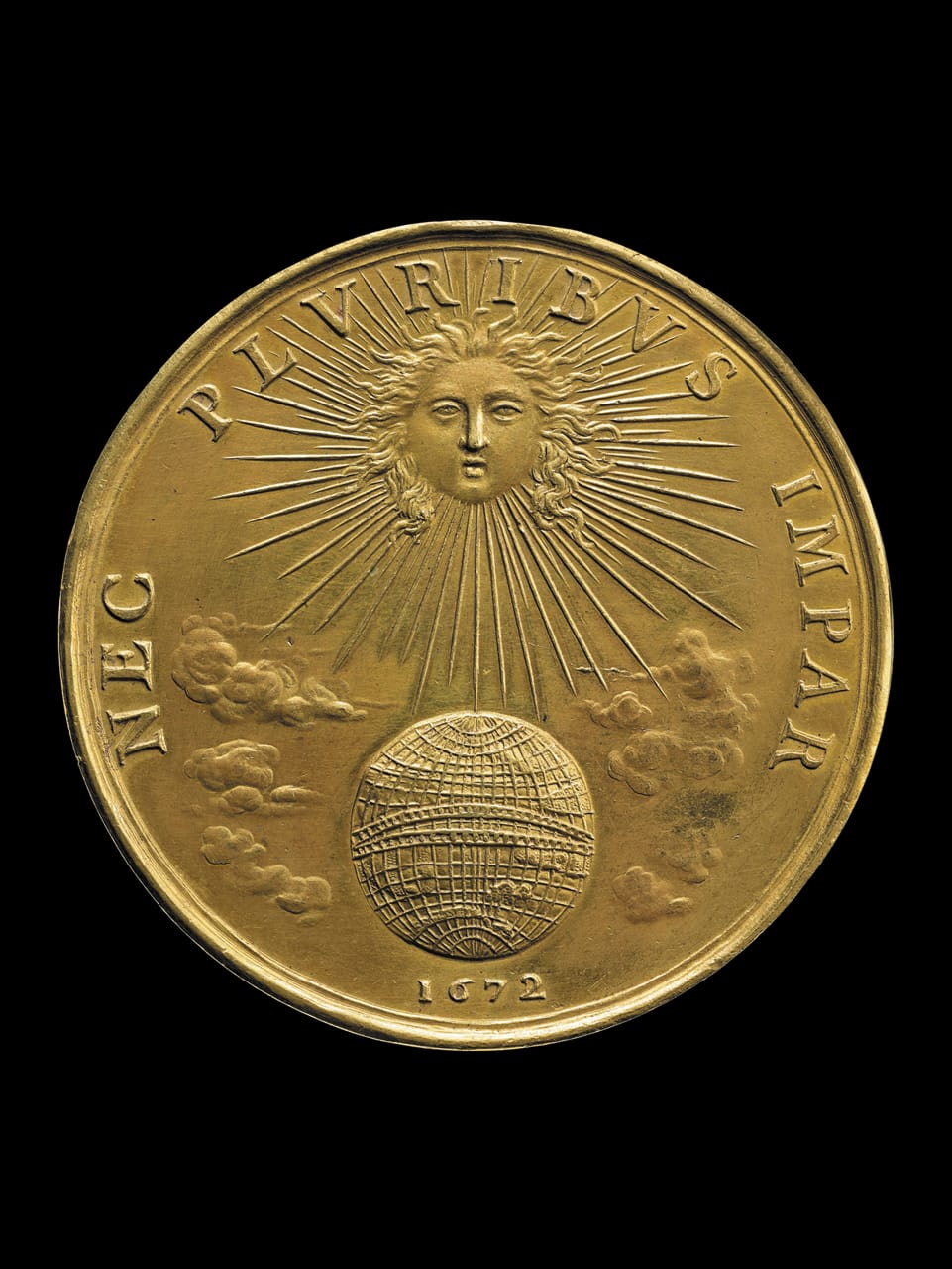 "Nec Pluribus Impar," designed by Jean Warin (1672), Louis XIV as the sun warming the Earth, with an inscription stating "not unequal to many," his motto (© The Trustees of the British Museum)