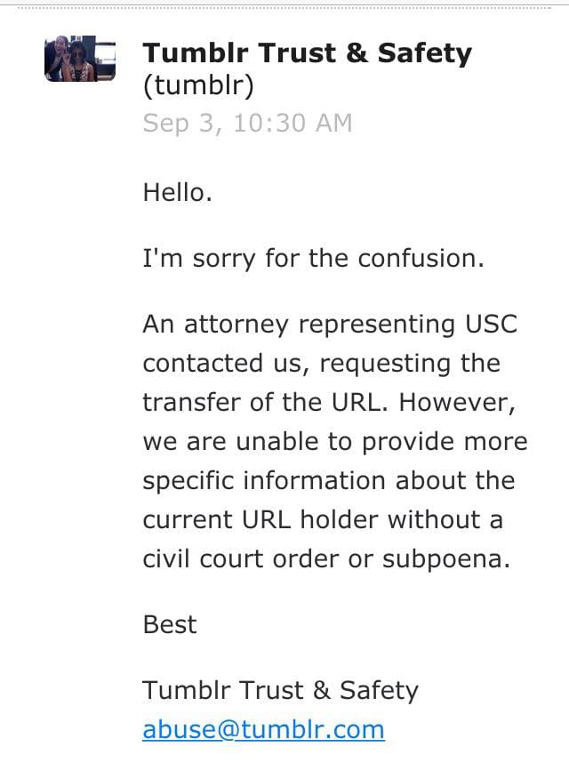 Email sent from Tumblr Trust and Safety to USC Roski students.