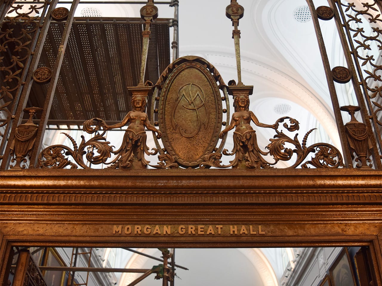 The entrance to the Wadsworth Atheneum's Morgan Great Hall is adorned with the initials of J.P. Morgan.